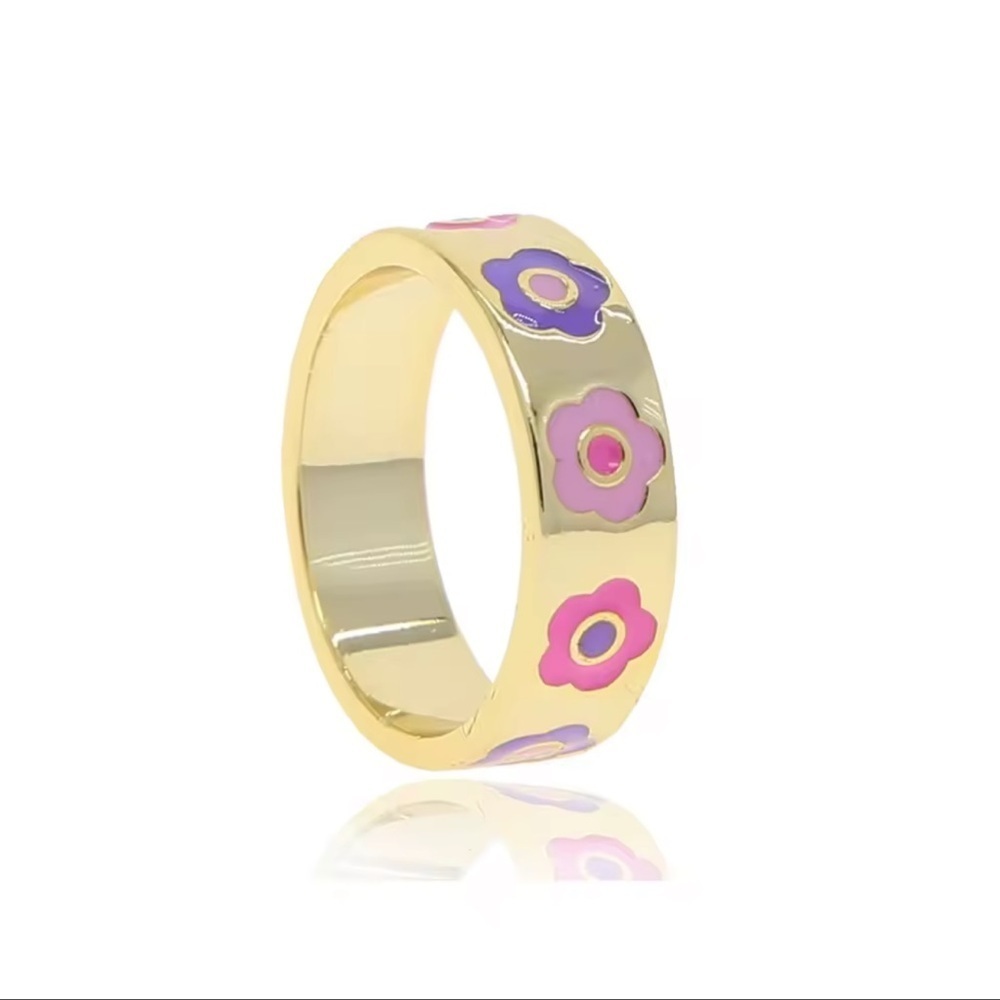 Flower Power Floral Spring Gold Plated Ring with Pink and Purple Flowers Size 8 - Picture 6 of 6